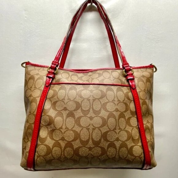 Coach Peyton Signature Large Pocket Tote Khaki Red Trim Rare F25504 Worn Handles - Picture 14 of 15